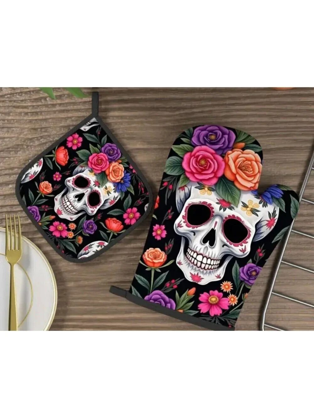 New - 2pcs Floral Skull - Oven Mitts and Pot Holders Set